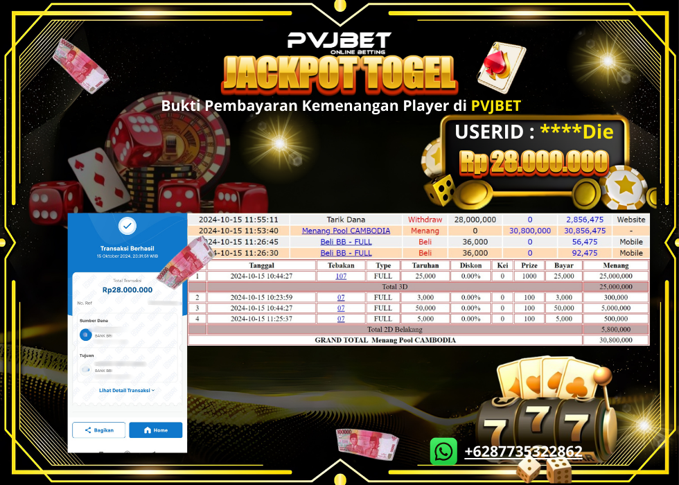 JACKPOT KEMENANGAN TOGEL ONLINE PASARAN “TOGEL CAMBODIA” 28JT